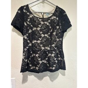 Hearts Womens Black Floral Lace Peplum Top Short Sleeve Back Zip Blouse Large